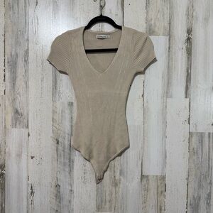 Abercrombie & Fitch Beige Ribbed V-Neck Bodysuit